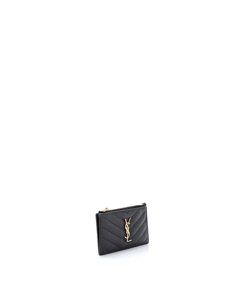 Pre-Owned Saint Laurent Monogram Fragments Zip Card Holder Matelasse Chevron Leather