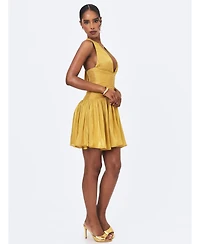 Miss Circle Women's Xavia Gold Crystal Organza Plunging Halter Mini Dress