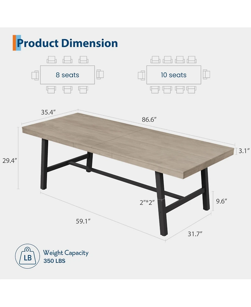 gaomon Industrial Rectangular Dining Table for 8-10, Heavy-Duty Metal Frame Wood-Look Top, Non-Extendable for Home and Restaurant