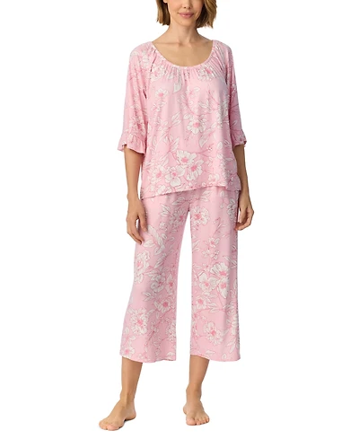 Ellen Tracy Women's Above-Elbow Raglan Sleeves with Ruffle Wide-Leg Cropped Pant Pajama Set