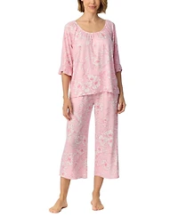 Ellen Tracy Women's Above-Elbow Raglan Sleeves with Ruffle Wide-Leg Cropped Pant Pajama Set