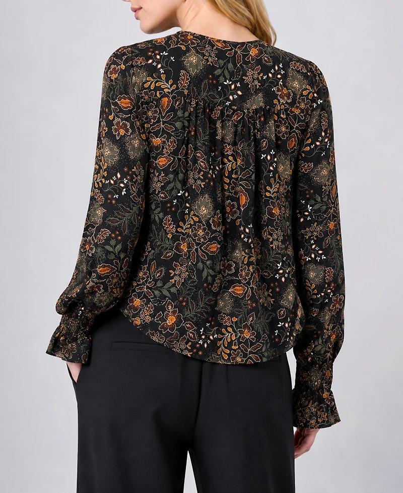Liverpool Los Angeles Petite Long-Sleeve Smocked-Flare Floral-Print Blouse