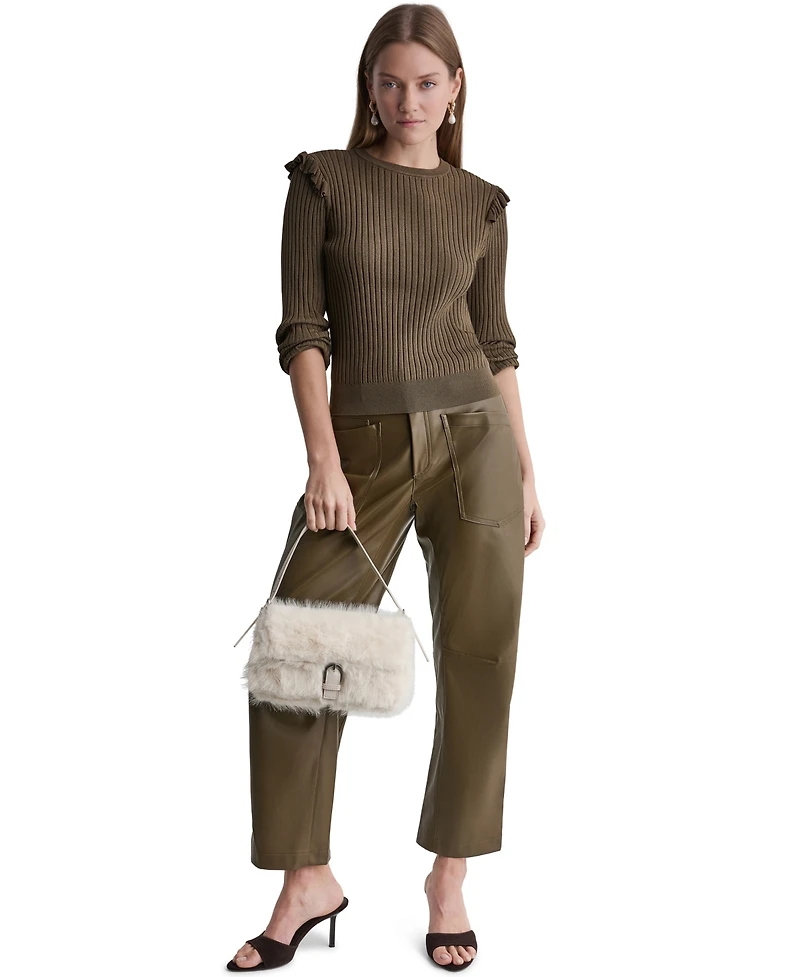 Bcbg Women's Ruffle-Trim Ribbed-Knit Long-Sleeve Crewneck Sweater