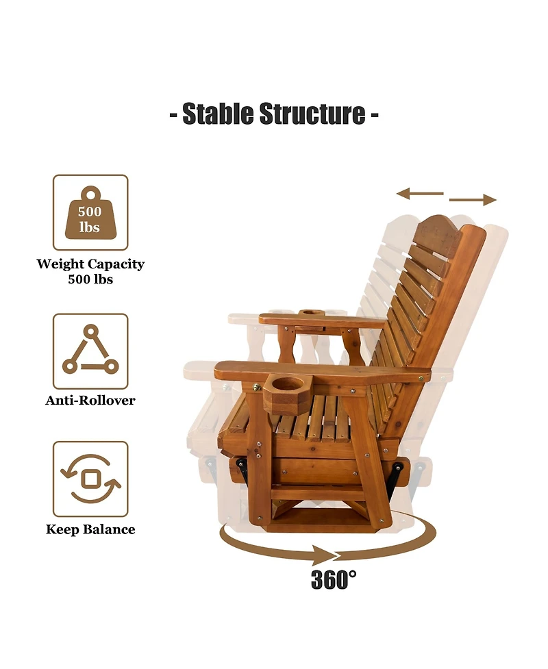 Innovaze Solid Fir Wood Patio Glider Swivel Chair, 360-Degree Rotating Outdoor Rocker with Cup Holders