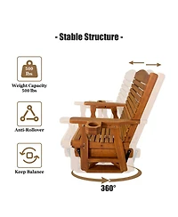 Innovaze Solid Fir Wood Patio Glider Swivel Chair, 360-Degree Rotating Outdoor Rocker with Cup Holders