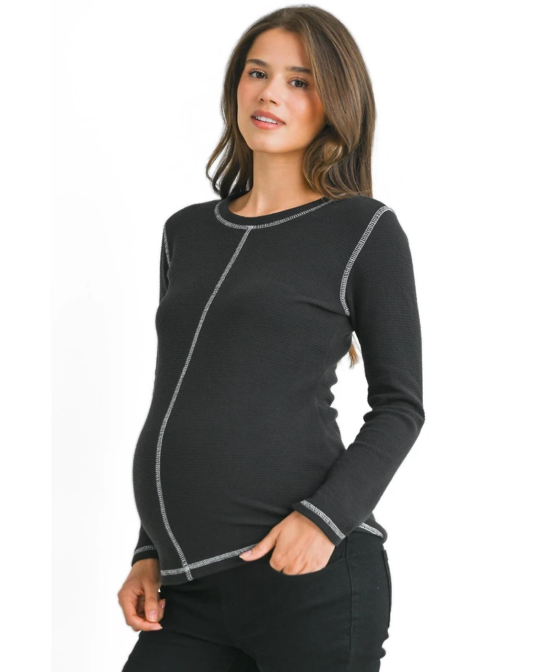 Hello Miz Maternity Waffle-Knit Crewneck Long-Sleeve Top