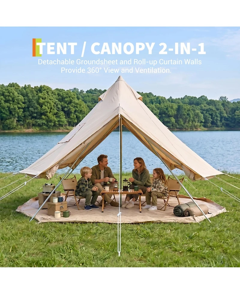 Maxsa Canvas Bell Tent with Stove Jack, 4-Season Glamping Yurt Tent with Pvc Floor, Mesh Windows, Roof Vent