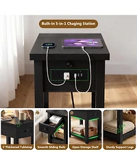 Aheaplus Wooden Farmhouse End Table with Charging Station and Drawer and Shelf