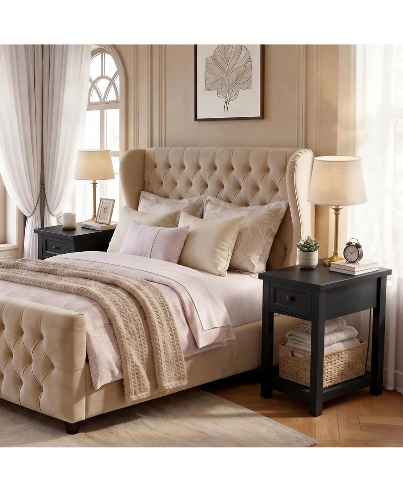 Aheaplus Set of 2 14" Wooden Nightstands with Charging Station and Drawer