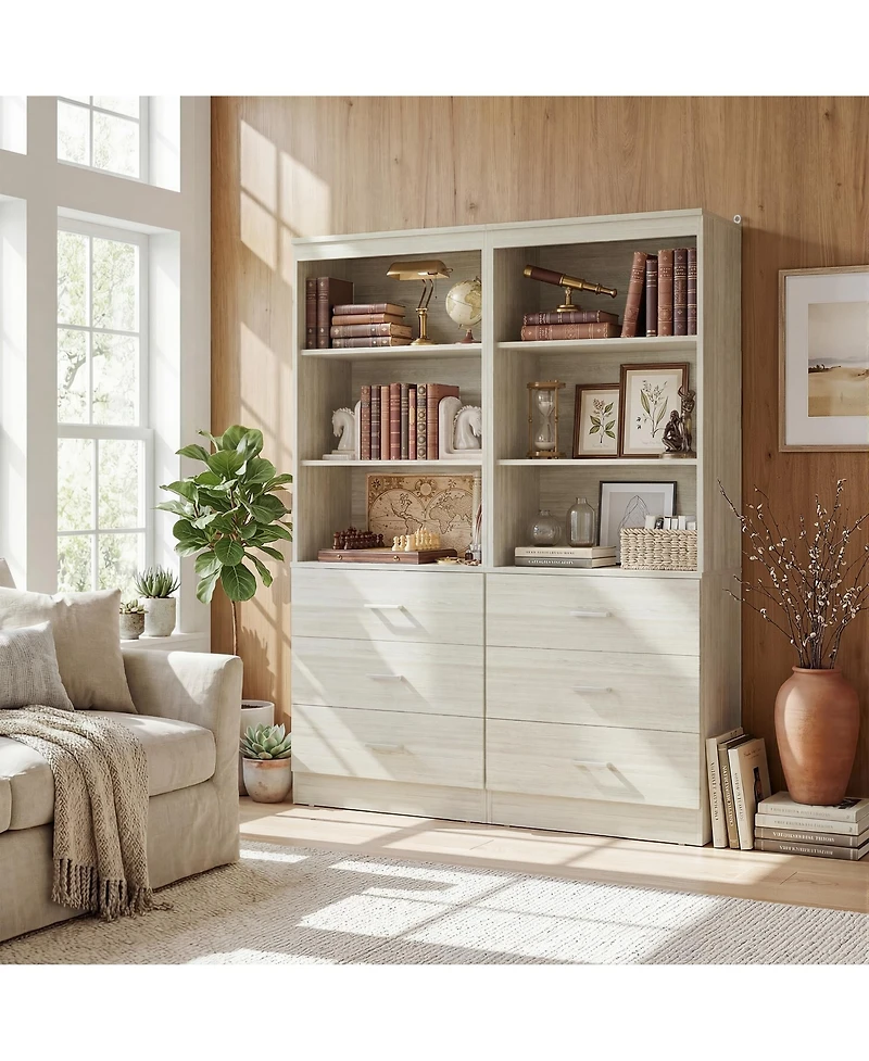 Aheaplus 71" Wooden Storage Cabinet with 3-Drawers, Closet Organizer Shelves