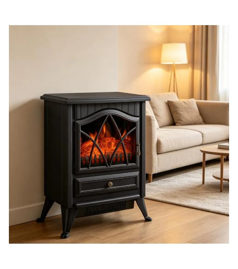 Freestanding Electric Fireplace Stove With Realistic Flame Effect, Dual Heating Modes, Storage Drawer For Indoor Home Heating
