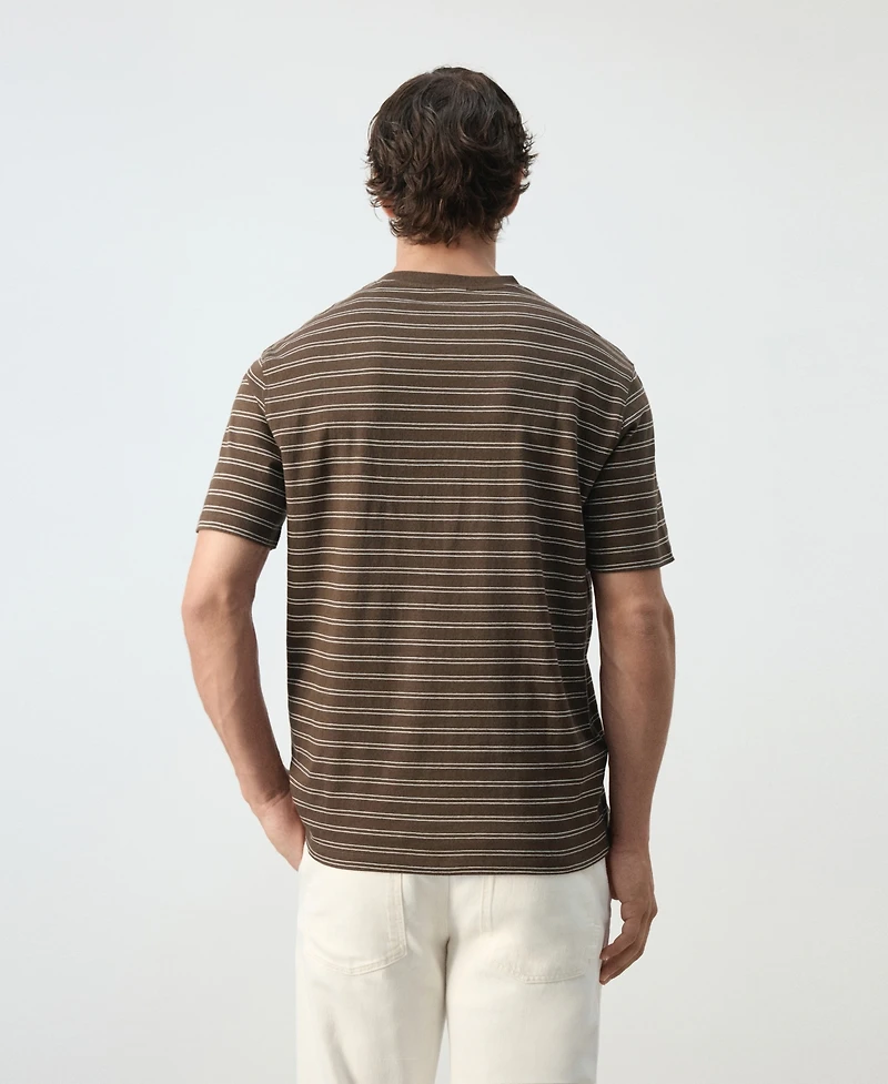 Mango Men's Crew Neck Stripe Cotton-Linen Blend T-Shirt