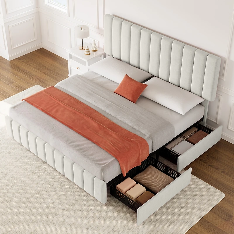 Gaomon Modern Upholstered Platform Bed Frame Featuring 4 Storage Drawers, Adjustable Height Headboard, Heavy Duty Construction