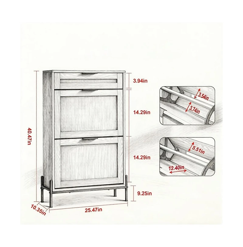 Slickblue Shoe Storage Cabinet with Rattan Finish, Flip-Top Drawer and Metal Legs