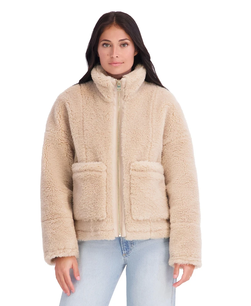 Kensie Women's Faux Fur Jacket With Patch Pockets And Funnel Neck