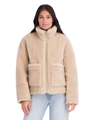 Kensie Women's Faux Fur Jacket With Patch Pockets And Funnel Neck