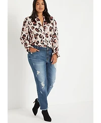 Eloquii Women's Plus Printed Button Down Shirt With Ruffle Neck