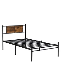 Slickblue Metal Platform Bed Frame with Wood Panel Headboard and Steel Slats