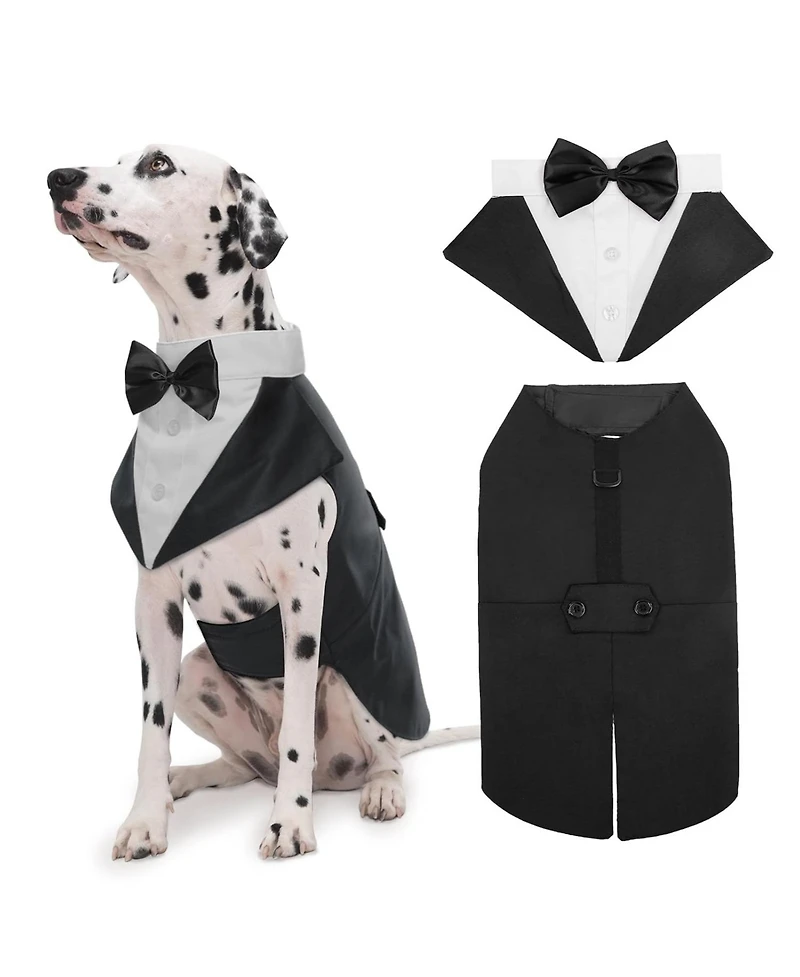 Formal Tuxedo and Bandana Two-Piece Set with Detachable Bowtie Collar for Dogs