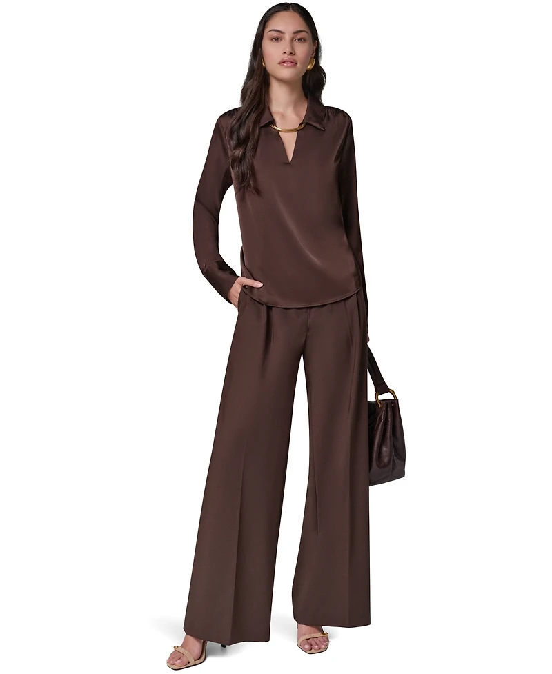 Donna Karan New York Women's Long-Sleeve Satin V-Neck Collared Blouse