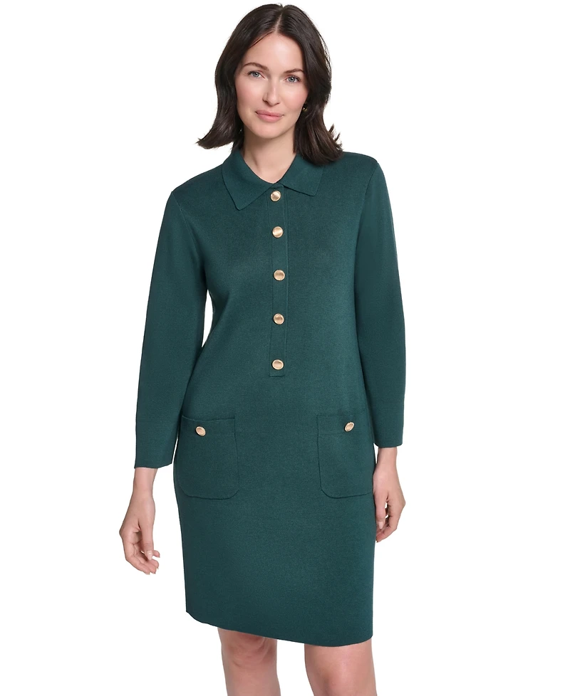 Jessica Howard Petite Long-Sleeve Button-Front Shift Sweater Dress
