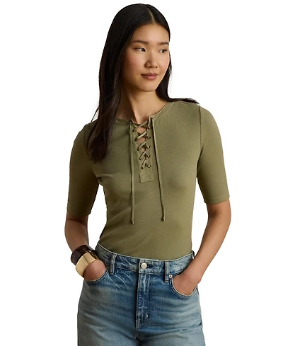 Lauren Ralph Women's Crewneck Lace-Up Ribbed Elbow-Sleeve T-Shirt