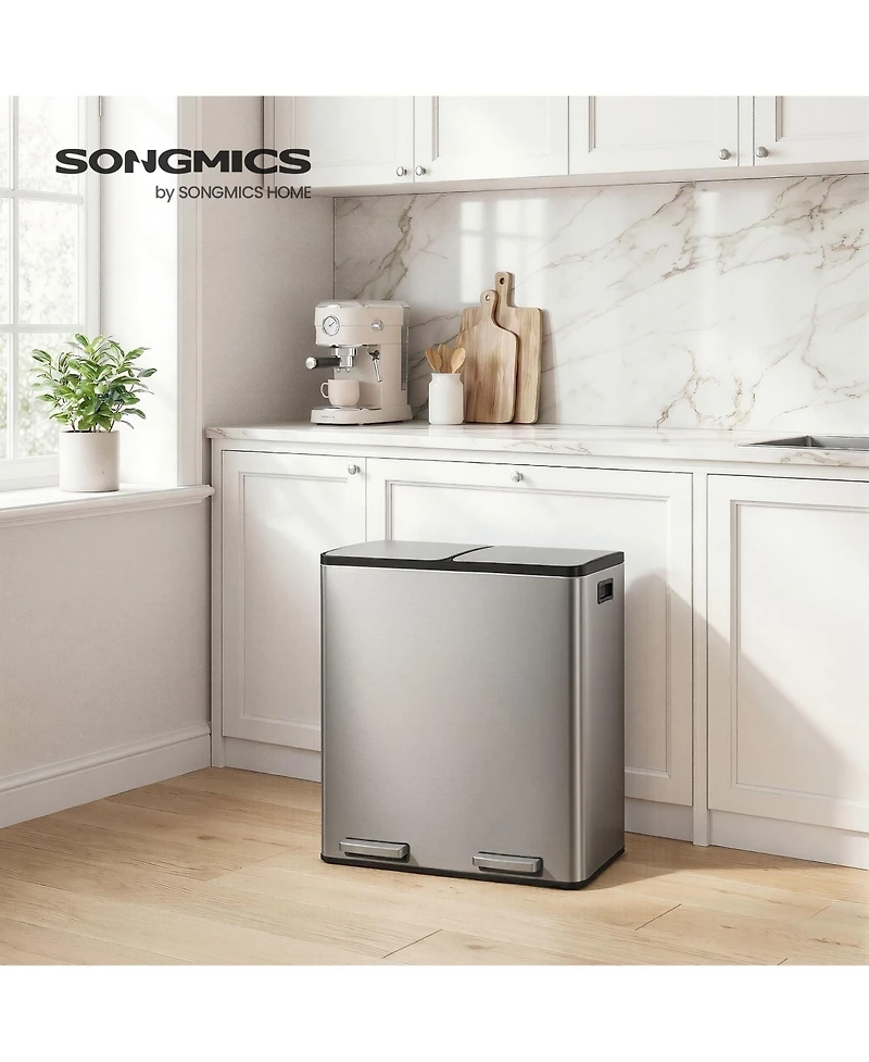 SongmicsHome Dual Compartment Pedal Bin, Stainless Steel Kitchen Recycling Bin with Removable Buckets, Soft Close Lid
