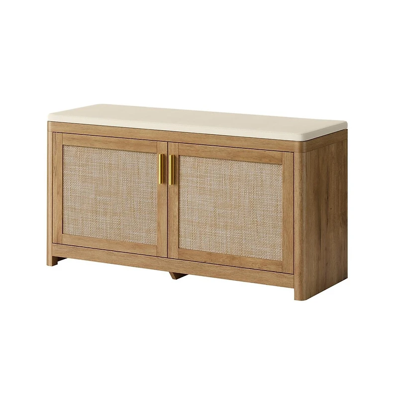 SongmicsHome Boho Shoe Bench with Cushion, 39.4 Inches Entryway Bench, 2 Doors, Adjustable Shelf, for Bedroom or Window Seat