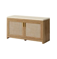 SongmicsHome Boho Shoe Bench with Cushion, 39.4 Inches Entryway Bench, 2 Doors, Adjustable Shelf, for Bedroom or Window Seat