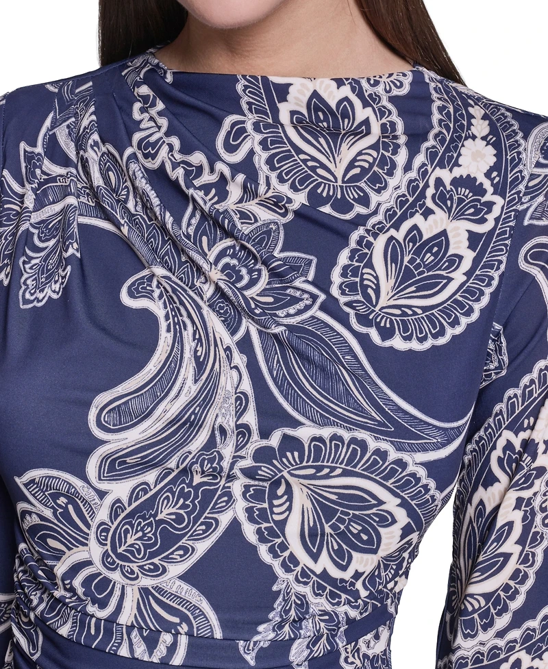 Halston Women's Long-Sleeve Paisley-Print A-Line Midi Dress