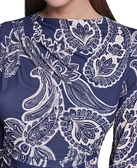 Halston Women's Long-Sleeve Paisley-Print A-Line Midi Dress