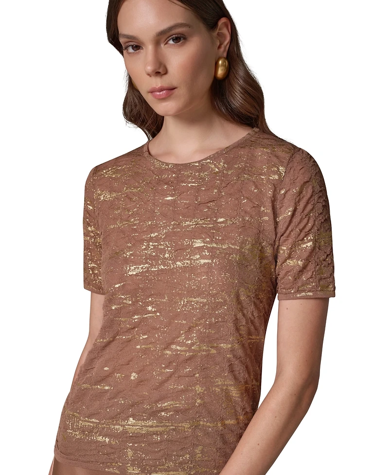 Donna Karan New York Women's DK913 Metallic Crewneck Short-Sleeve Sweater