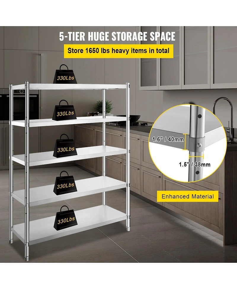 Sugift 5-Tier Stainless Steel Shelving Unit 47.5 x 18 x 72 Inch with 330 Pound Capacity Per Shelf