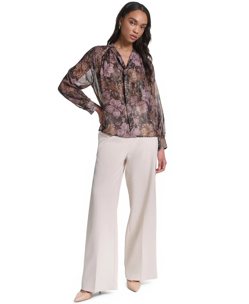 Karl Lagerfeld Paris Women's Tie Neck Sheer Floral Blouse