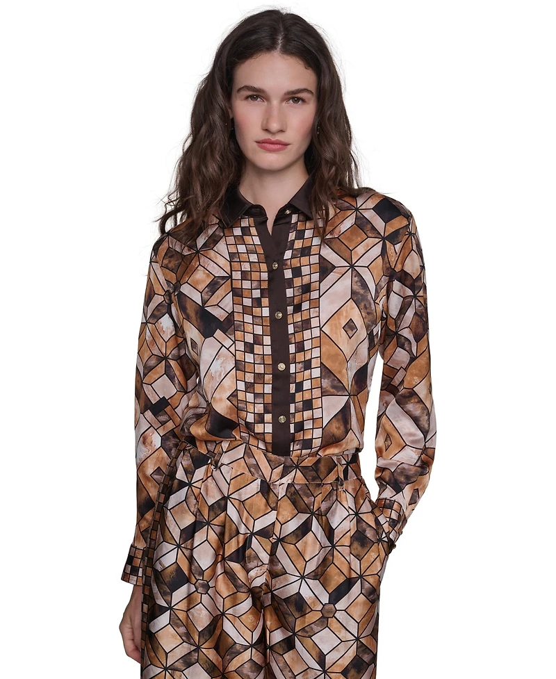 Karl Lagerfeld Paris Women's Long-Sleeve Collared Geometric Blouse