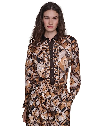 Karl Lagerfeld Paris Women's Long-Sleeve Collared Geometric Blouse