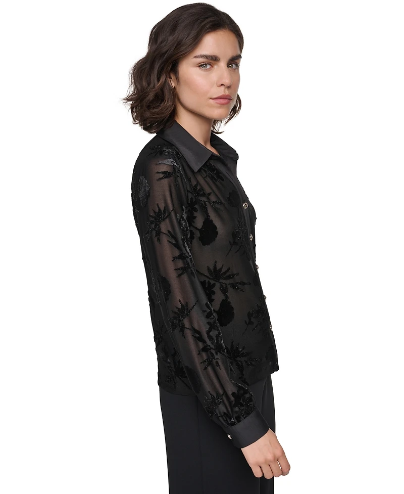 Karl Lagerfeld Paris Women's Long-Sleeve Collared Burnout-Floral Blouse
