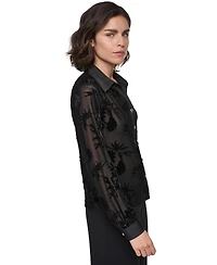 Karl Lagerfeld Paris Women's Long-Sleeve Collared Burnout-Floral Blouse