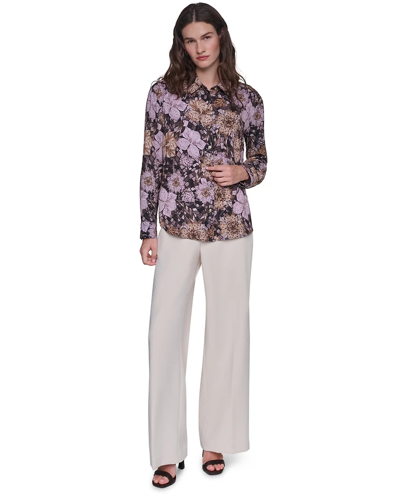 Karl Lagerfeld Paris Women's Floral-Print Long-Sleeve Point-Collar Blouse