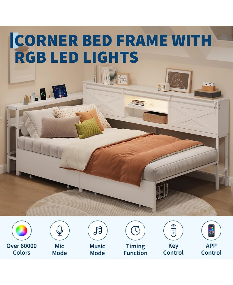 homfan Twin Corner Bed Frame with Storage, Charging Station Led Light, Metal Platform Bed with 2 Drawers, Adjustable Desk and Bookcase Headboard