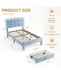 homfan Twin Bed Frame with Led Lights and Storage Drawer, Adjustable Wavy Headboard, Upholstered Platform Bed, Wood Slats Support, No Box Spring