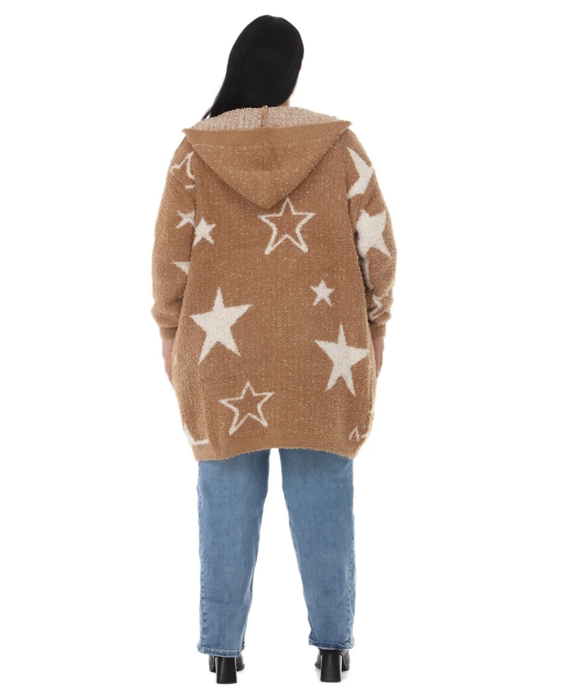 White Mark Plus Hooded Star-Print Sherpa Cardigan