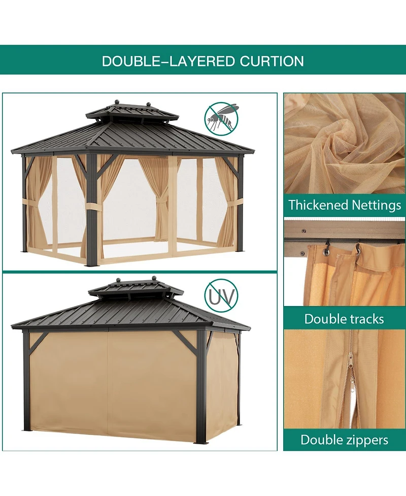 10x12 Ft Double Roof Gazebo, Heavy Duty Steel Frame with Fabric Canopy and Mesh for Patio Backyard Outdoor Gatherings, Khaki/Grey