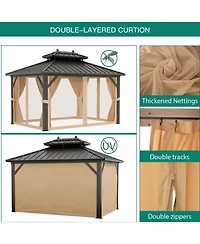 10x12 Ft Double Roof Gazebo, Heavy Duty Steel Frame with Fabric Canopy and Mesh for Patio Backyard Outdoor Gatherings, Khaki/Grey
