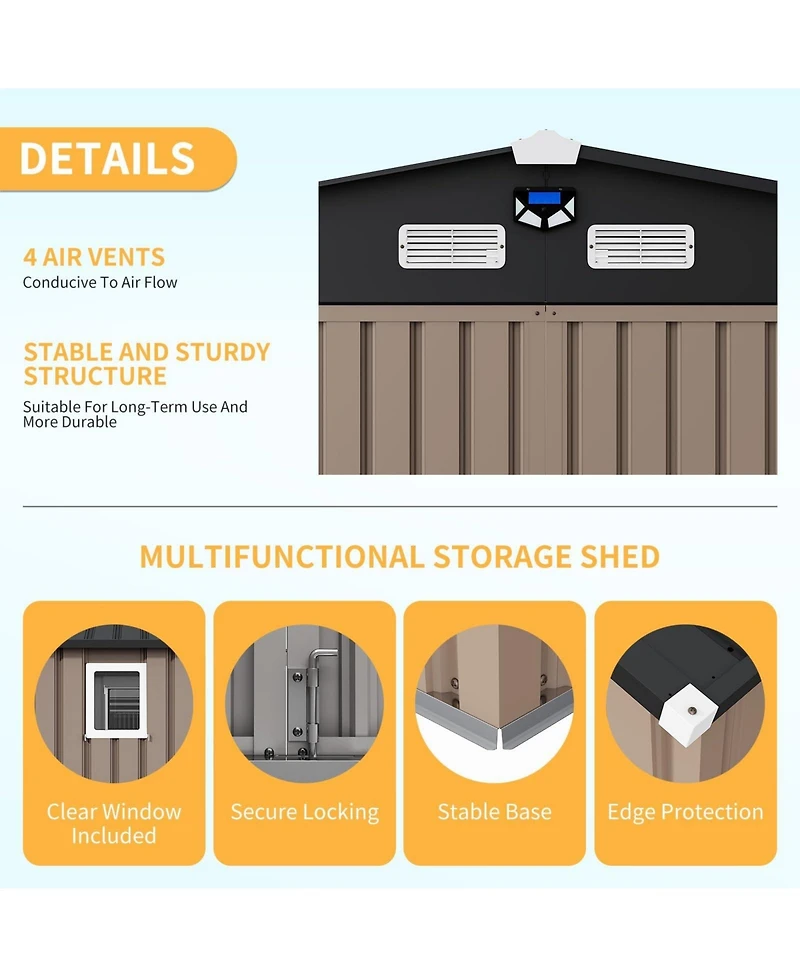 12 x 10 Ft Outdoor Storage Shed with Windows and Solar Lights, Heavy Duty Steel Tool for Backyard, Garden, Patio, Lawn, Dark Gray/Brown