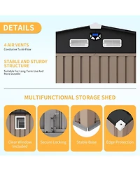 12 x 10 Ft Outdoor Storage Shed with Windows and Solar Lights, Heavy Duty Steel Tool for Backyard, Garden, Patio, Lawn, Dark Gray/Brown