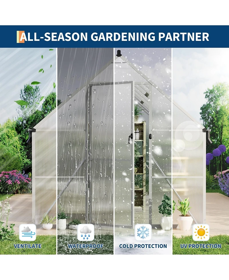8 x 16 ft Greenhouse with Aluminum Frame and Polycarbonate Panels, Walk-in Outdoor Sun Room for Backyard Garden Patio, Silver