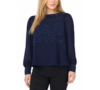Msk Petite Rhinestone-Embellished Long-Sleeve Blouse
