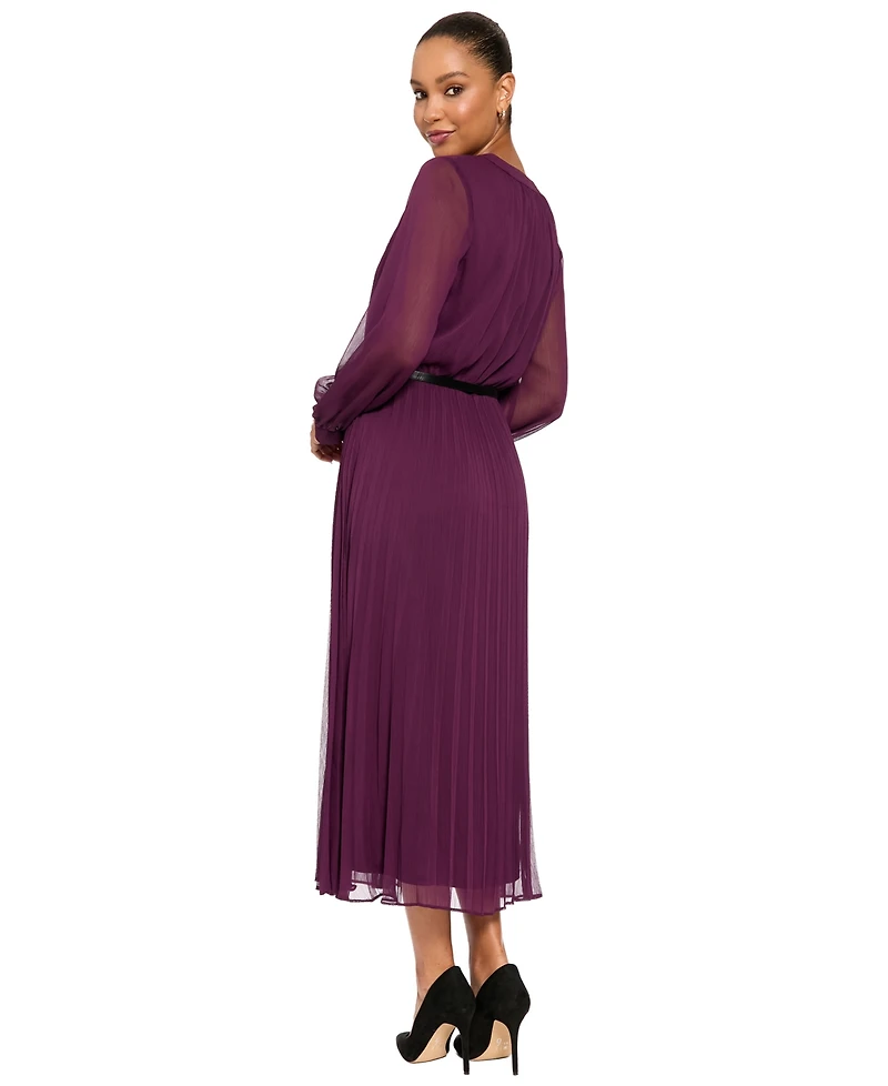 London Times Women's Tea Pleated Chiffon Midi Long-Sleeve Dress