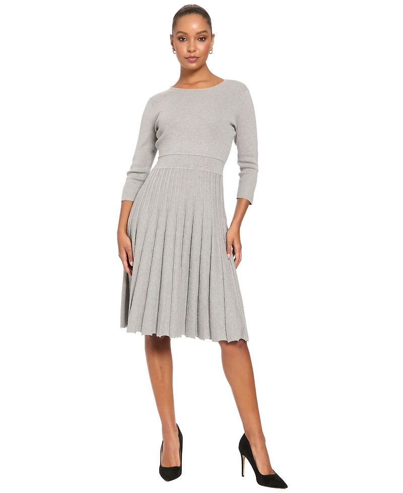 London Times Women's Fit & Flare Crewneck 3/4 Sleeve Sweater Dress